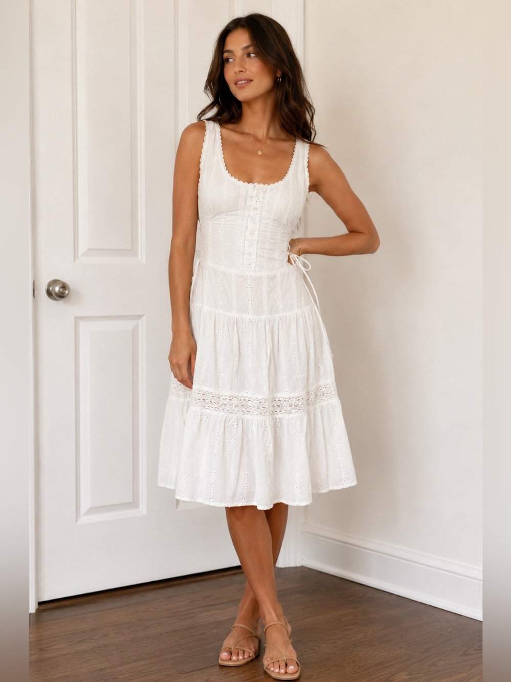 Dreamy White Eyelet Y2K Tiered Milkmaid Corset Dress Coquette Cottagecore